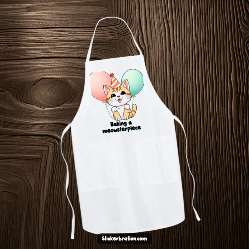 Funny apron featuring a happy cat wearing a party hat, peeking from behind balloons, bringing a festive and cute element to the kitchen.