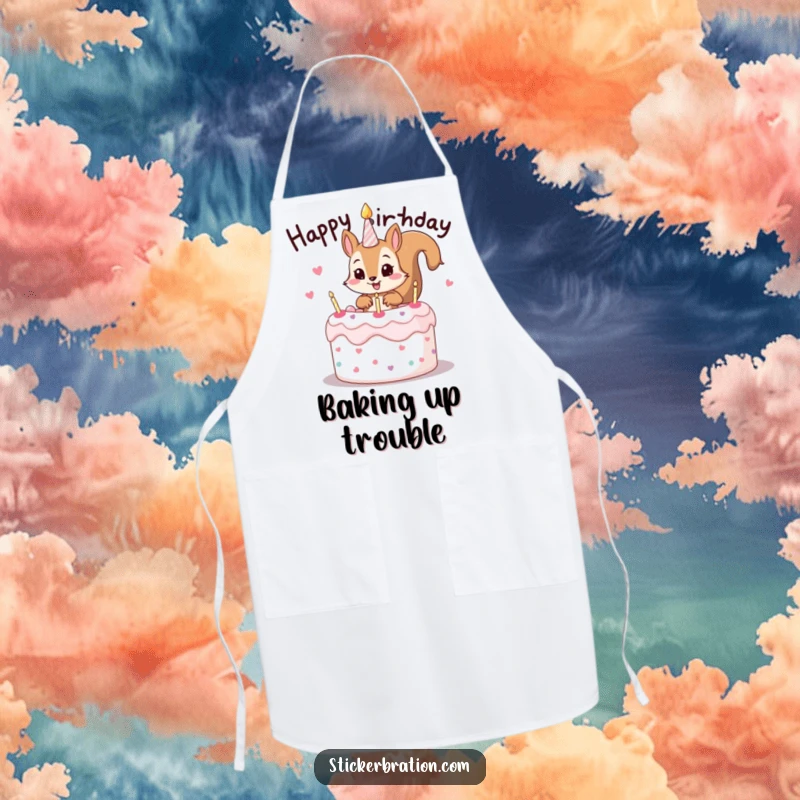 Funny apron showcasing a mischievous squirrel character popping out of a birthday cake, perfect for adding fun to cooking.