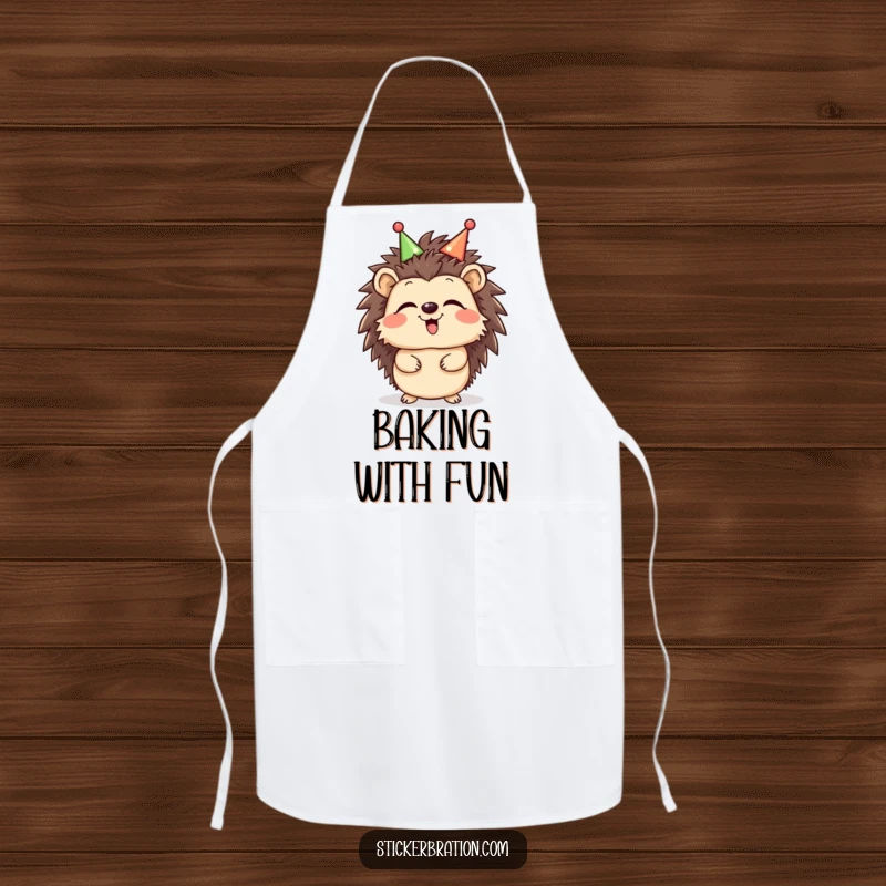 Funny Hedgehog Giggle Apron with a giggling hedgehog wearing a celebratory headband, making kitchen tasks more enjoyable and cheerful, a practical and humorous accessory.