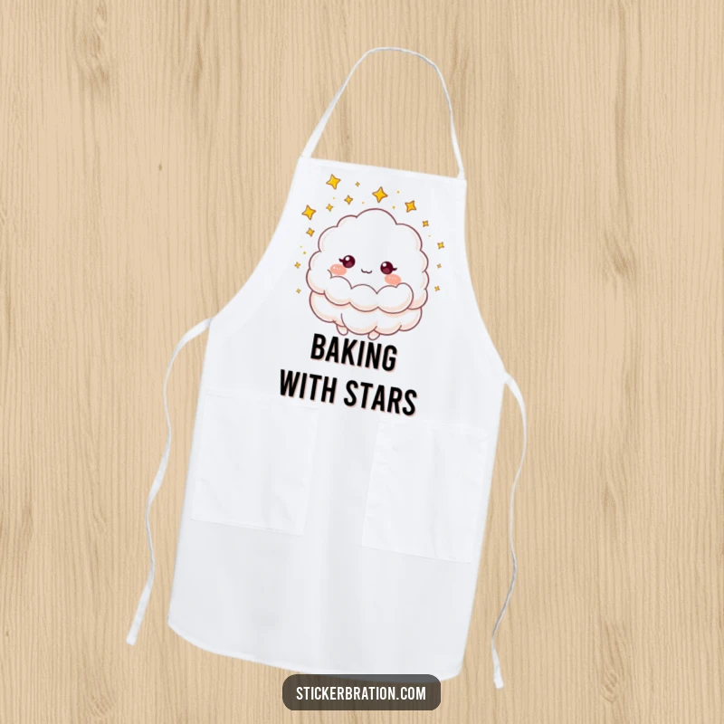 Funny apron with a fluffy cloud character showering tiny golden stars, combining culinary practicality with magical humor.