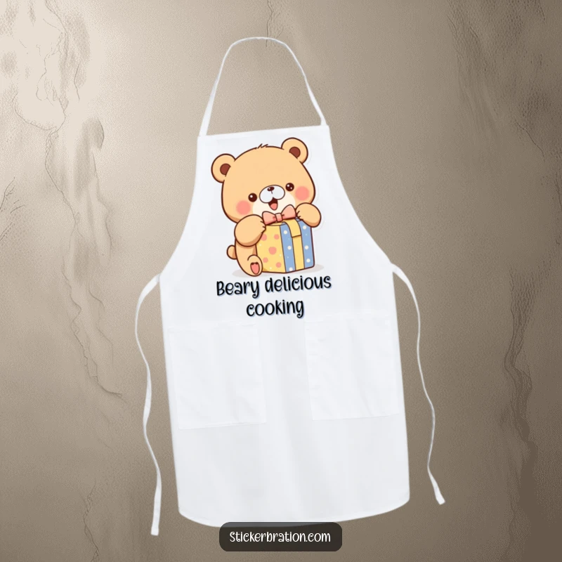 Funny apron showcasing a chubby bear character excitedly opening a colorful gift box, adding fun to cooking and baking.