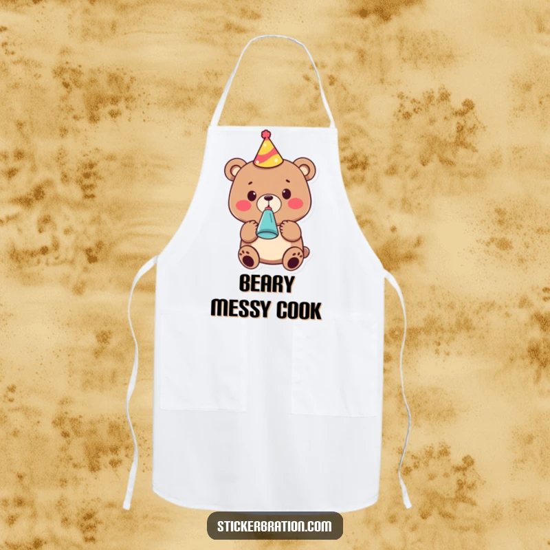 Funny apron showcasing a cute bear character in a party hat, blowing a noisemaker, ready to make any meal a celebration.