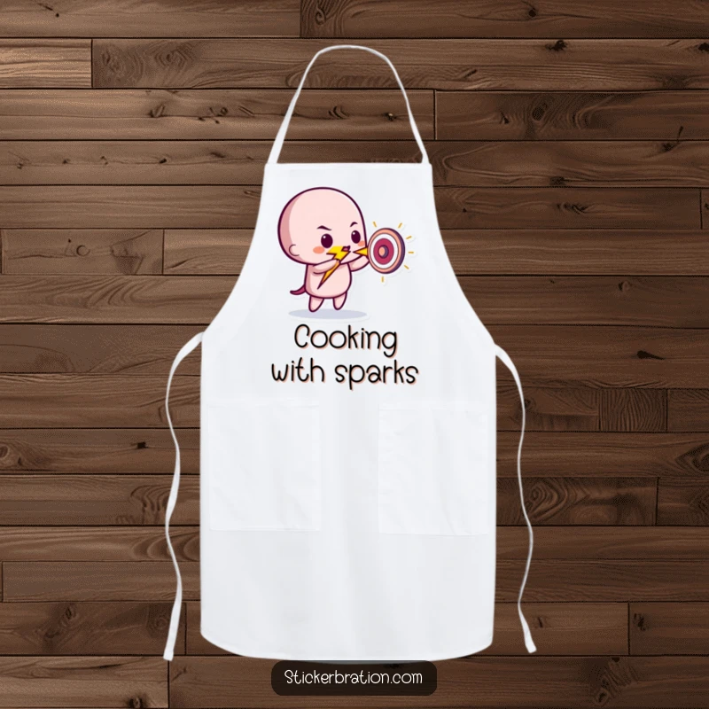 Funny apron showing a playful lightning bolt character expertly striking a tiny target while cooking, a humorous kitchen accessory.