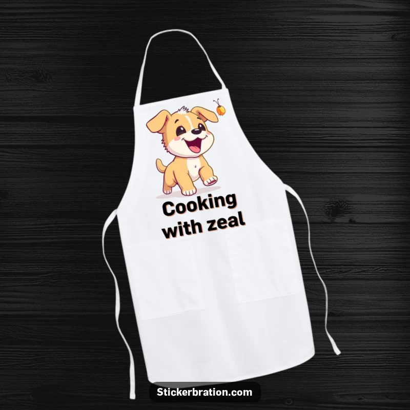 Funny Puppy Firefly Apron: An excited puppy chasing a firefly, a fun and practical accessory for the kitchen.