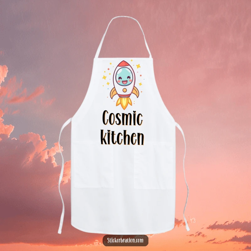 Funny rocket apron featuring a smiling character blasting off with confetti and stars, ideal for keeping clothes clean with a playful theme.