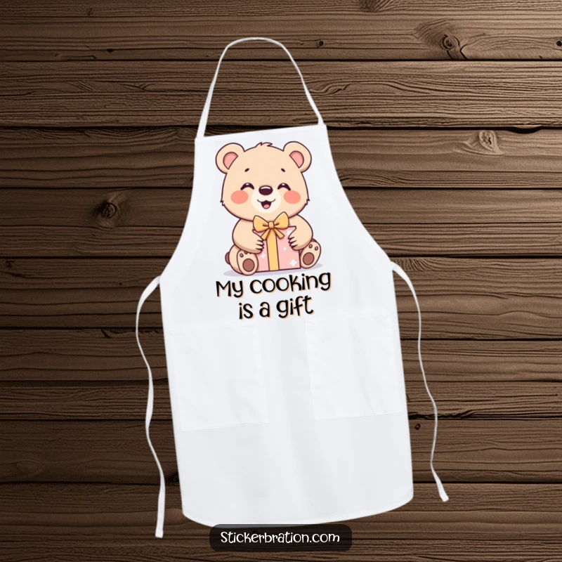 Funny bear cub apron with a character excitedly unwrapping a gift box, ideal for kitchens and adding a humorous touch.