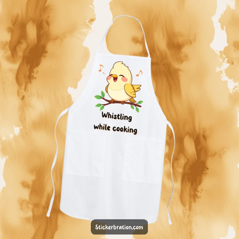 Funny Bird Song Apron: A happy bird sings on a branch, a musical and practical kitchen accessory.