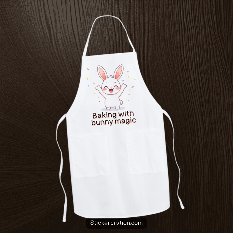Funny apron featuring a cheerful bunny character celebrating with a splash of confetti, ideal for adding fun to kitchen activities.
