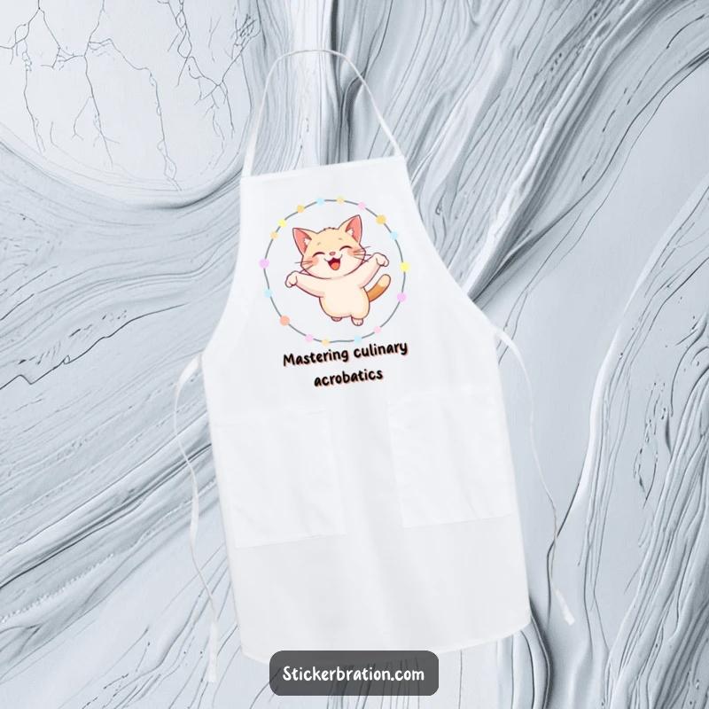 Funny cat apron depicting a smiling cat energetically leaping through a ring of bright lights, ideal for humorous culinary adventures.
