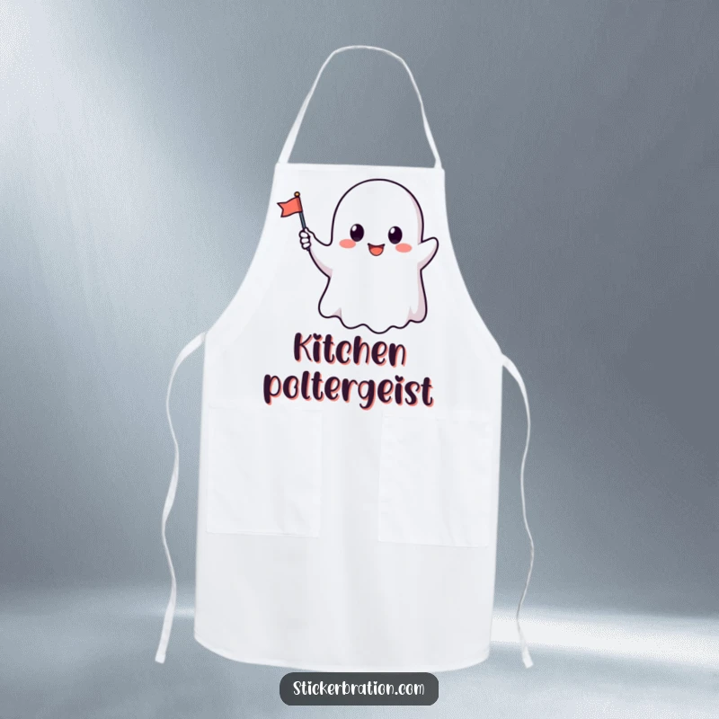 Funny apron featuring a cute ghost character waving a tiny flag, adding a humorous and friendly touch to kitchen tasks.