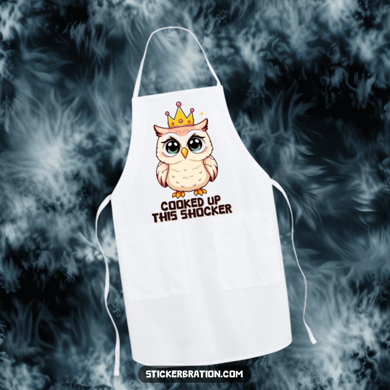 Funny apron with a shocked owl wearing a tiny party crown, designed for cooks who appreciate playful kitchen humor.