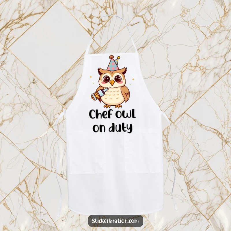 Funny owl character on an apron, wearing a party hat and holding a noisemaker, ready for kitchen celebrations.