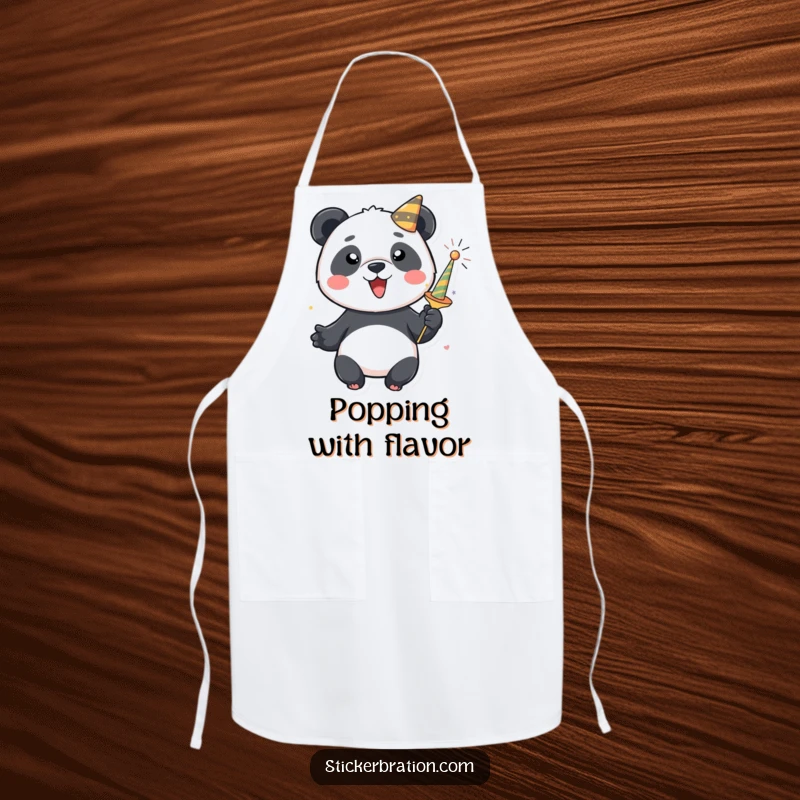 Funny panda apron showing a cheerful character preparing food while holding a party popper. Practical and festive.