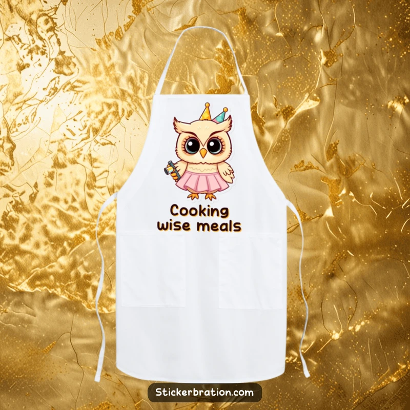 Funny apron featuring a grinning owl in a party dress holding a noisemaker, bringing a festive and whimsical element to the kitchen.