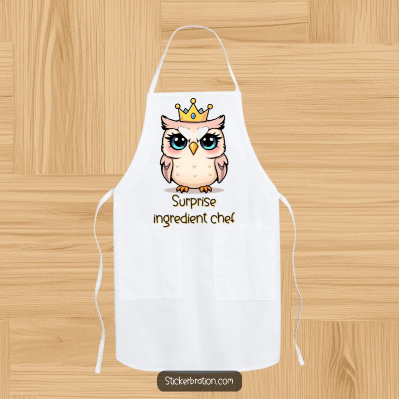 Funny apron with a shocked owl wearing a tiny party crown, adding a humorous and festive touch to cooking.