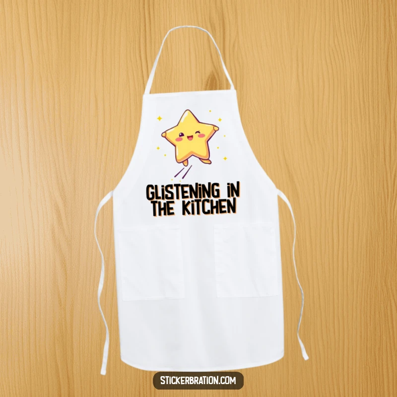 Funny apron showing a star character leaping with joy, trailing glitter, ideal for kitchen fun.