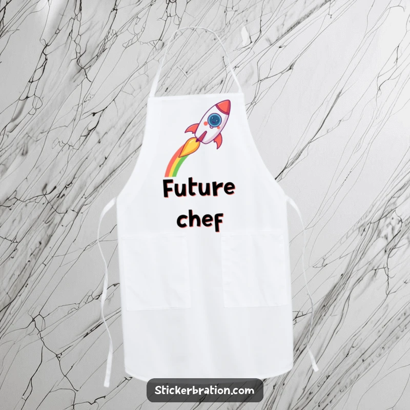 Funny rocket apron showing a cheerful rocket leaving a rainbow trail, designed for kitchen fun and protection.