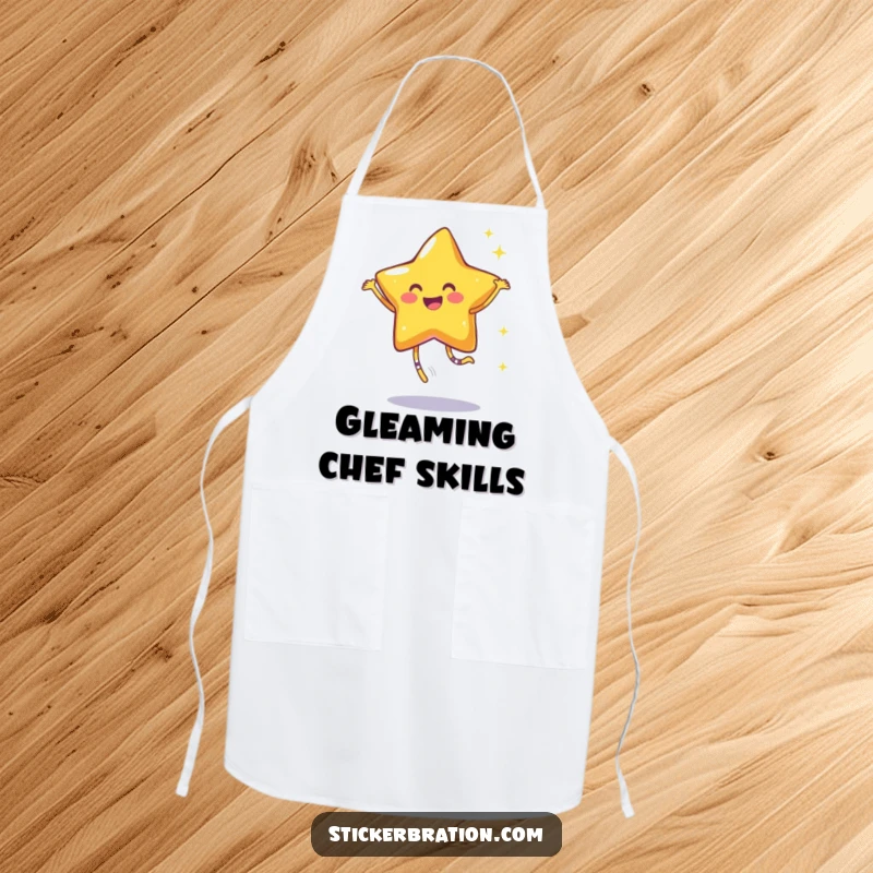 Funny apron showcasing a smiling star character dancing joyfully, leaving a trail of sparkles, ready to make any meal magical.