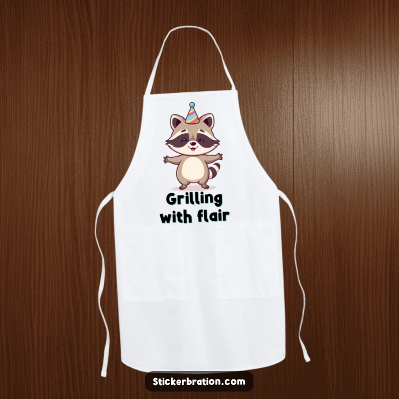 Funny Raccoon Jig Apron with a happy raccoon dancing in a party hat, making kitchen tasks more enjoyable and festive, a practical and humorous accessory.