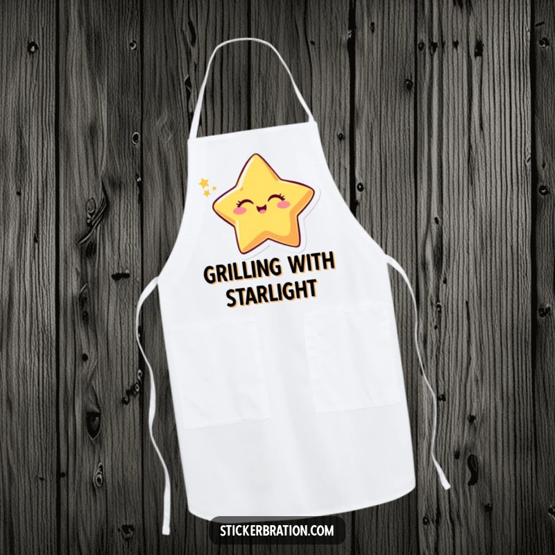 Funny apron with a smiling star character winking and leaving a sparkly trail, combining kitchen practicality with celestial humor.