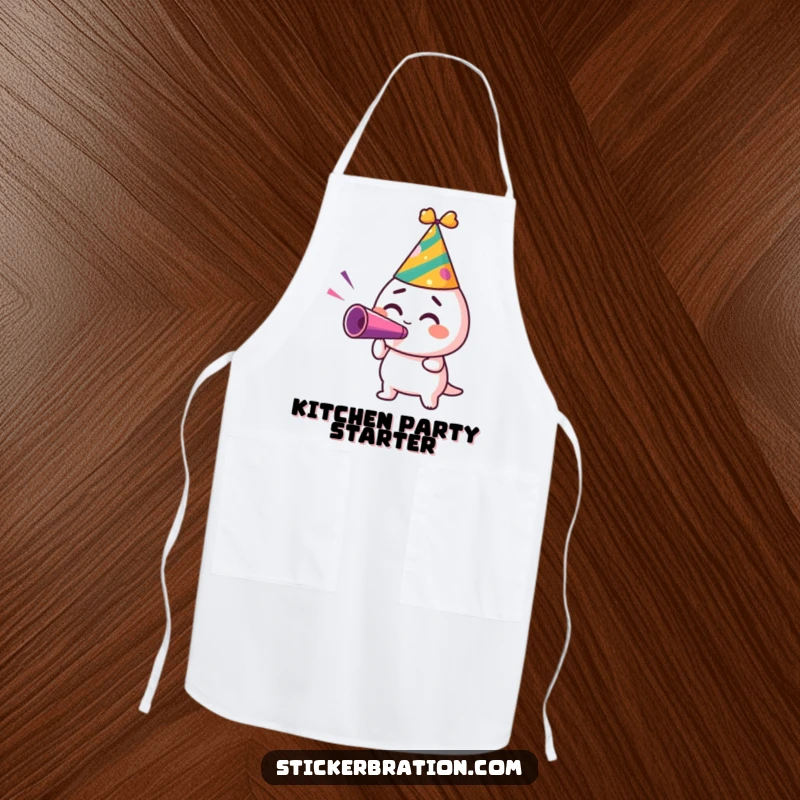 Funny apron showing a character in a party hat, blowing a noisemaker with excitement, ideal for kitchen parties.