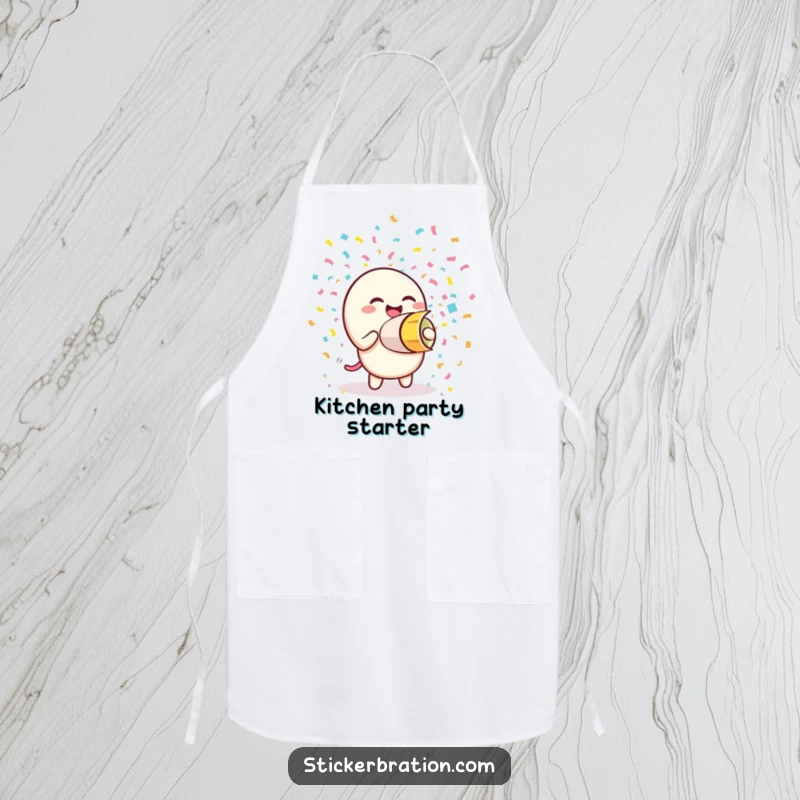 Funny apron featuring a giggling confetti cannon character joyfully releasing colorful confetti while cooking, adding a festive touch to the kitchen.
