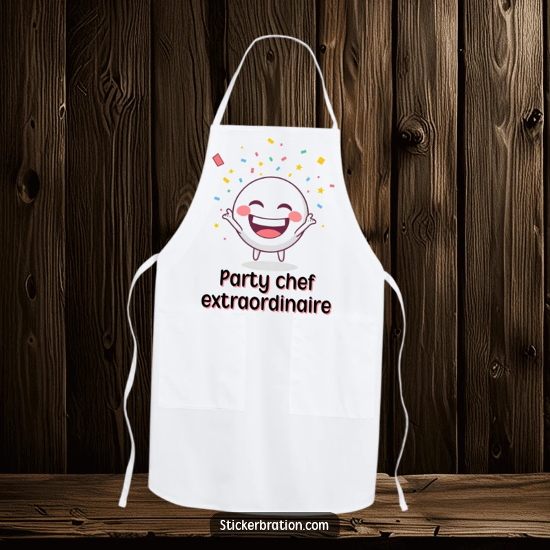 Funny apron showing a round character grinning and throwing confetti, ideal for kitchen parties.