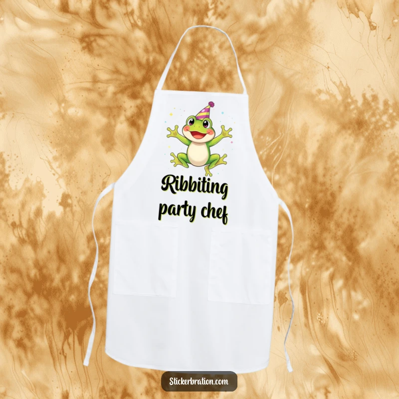Funny apron showing a happy frog in a party hat, leaping through a dazzling shower of sparkling glitter particles.