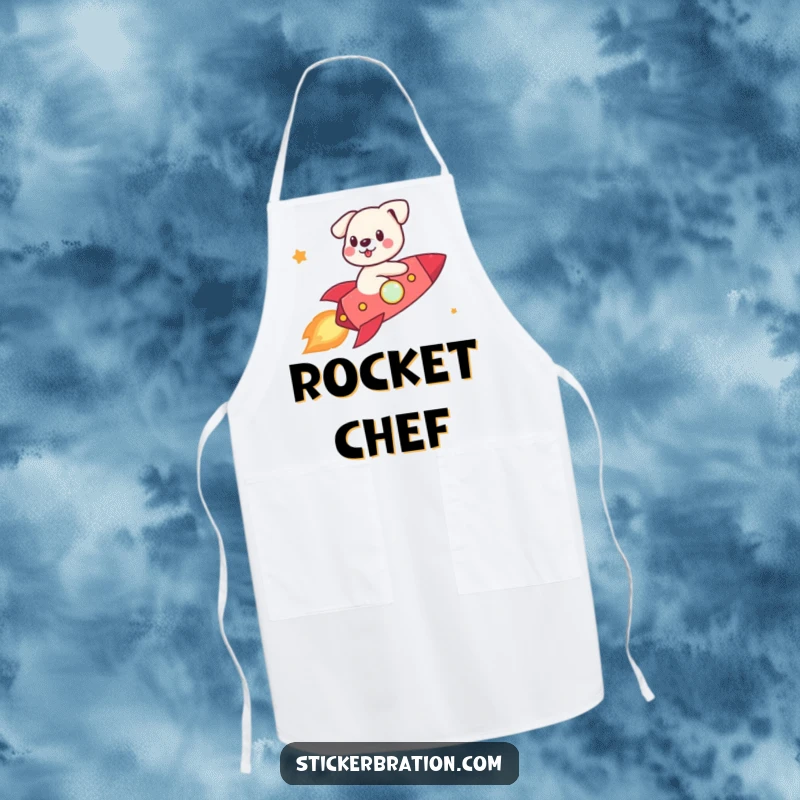 Funny cute dog wearing an apron, riding a tiny rocket while preparing food in the kitchen.