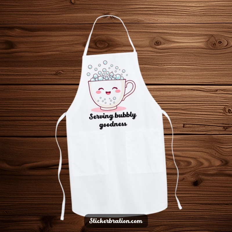 Funny apron with a happy teacup character overflowing with tiny bubbles, combining kitchen practicality with cheerful humor.