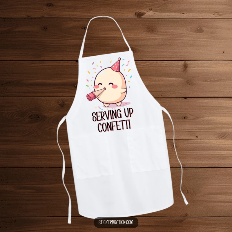 Funny apron with a cute blob character blowing confetti from a party horn, making it a humorous and practical kitchen companion.