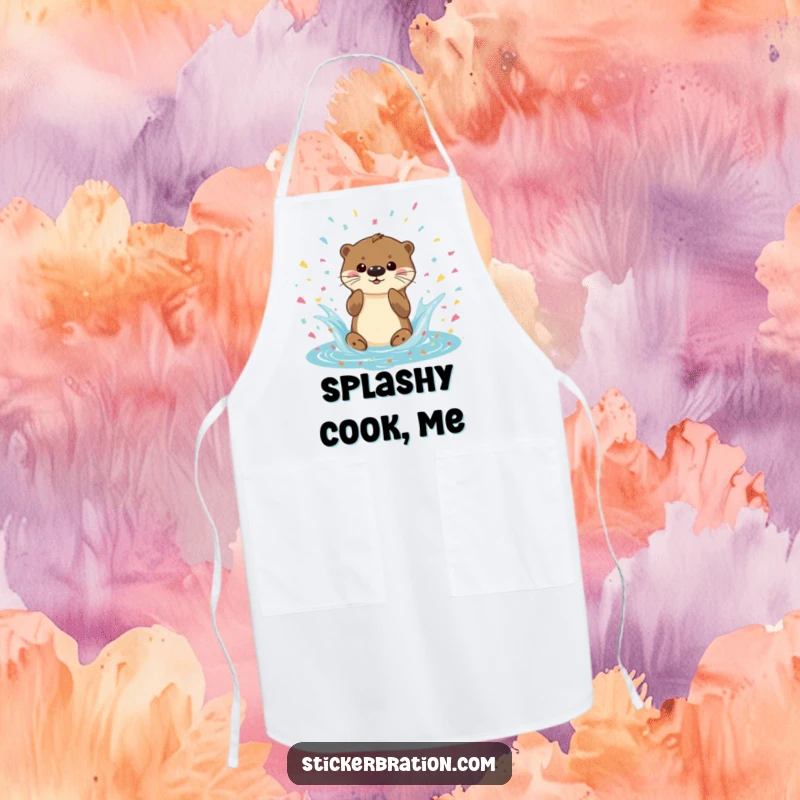 Funny Otter Splash Apron with a playful otter splashing in confetti, making kitchen tasks more enjoyable and festive, a practical and humorous accessory.