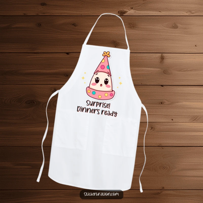 Funny apron with a surprised party hat character’s wide eyes popping open, adding a humorous and festive touch to kitchen tasks.