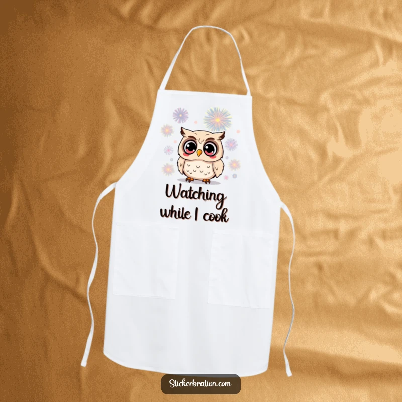 Funny owl apron with a surprised character with wide eyes watching a firework, adding a touch of wonder to any cooking or baking session.
