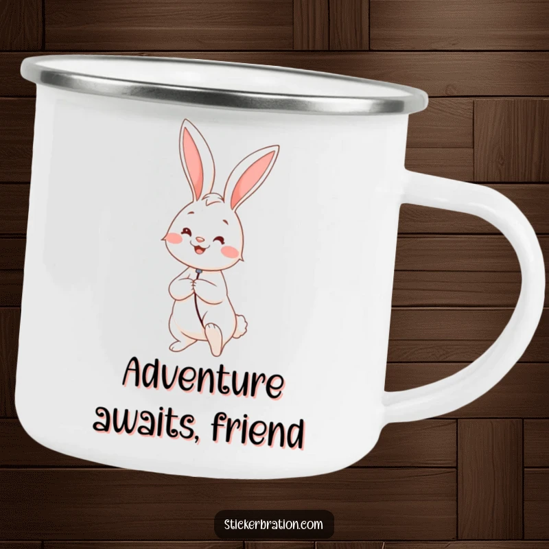 Funny camping mug showing a happy rabbit holding a giant balloon, bringing whimsical joy and smiles to any outdoor moment.