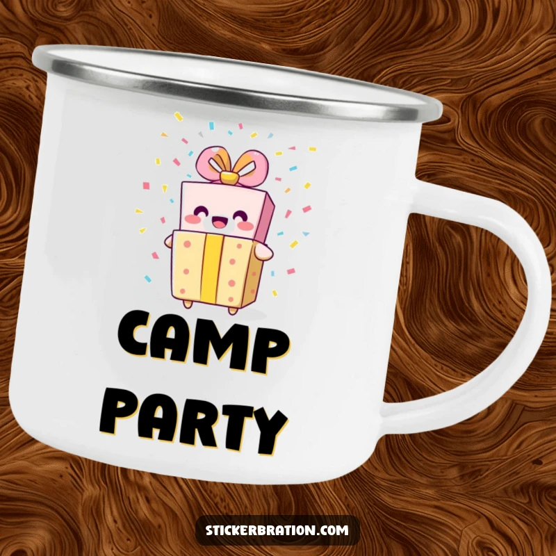 Funny gift box camping mug featuring a smiling character bursting with confetti, perfect for outdoor brews and festive adventures.