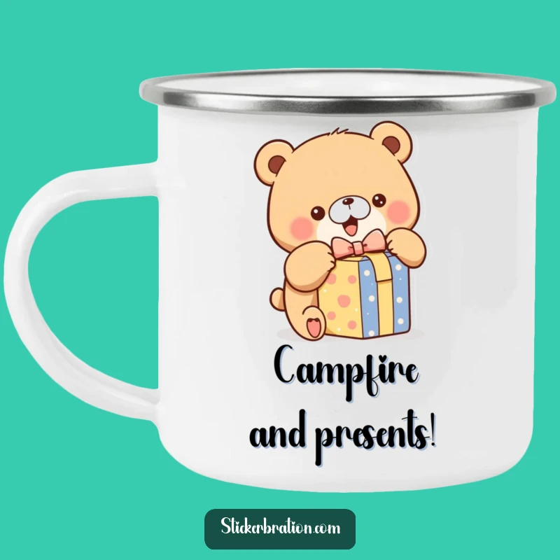 Funny Bear Unwrapping Camping Mug: Durable Excited Gift Mug for Outdoors
