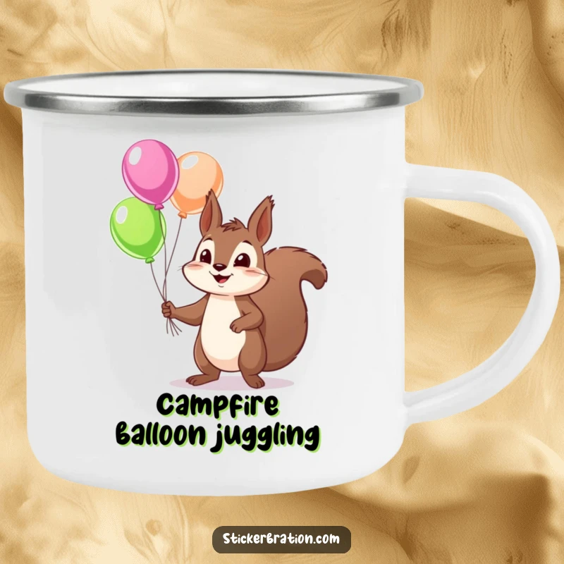 Funny squirrel camping mug with a mischievous character juggling balloons, perfect for sipping your favorite beverage during outdoor adventures with a smile.