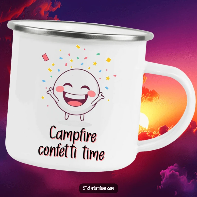 Funny camping mug with a round character grinning and throwing confetti, perfect for outdoor celebrations.
