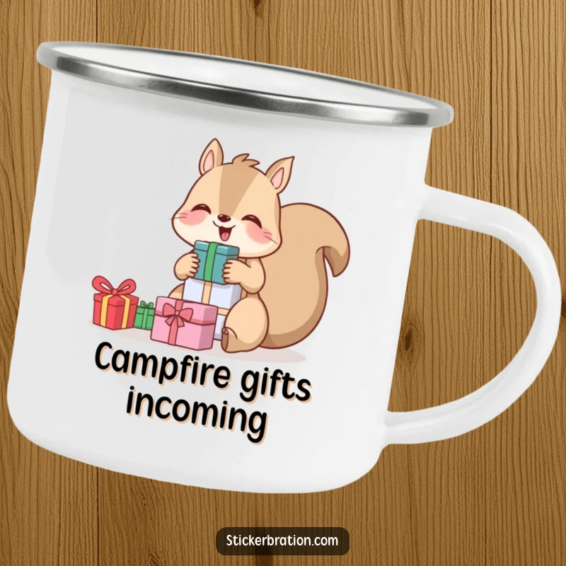 Funny camping mug showing a giggling squirrel holding a stack of gifts, perfect for outdoor enthusiasts who love humor.