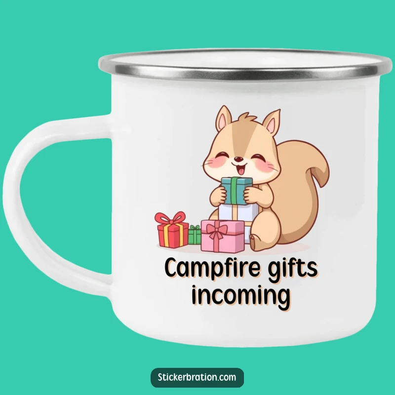 Funny Squirrel Camp Mug: Giggling Gift Stack, Rustic & Joyful