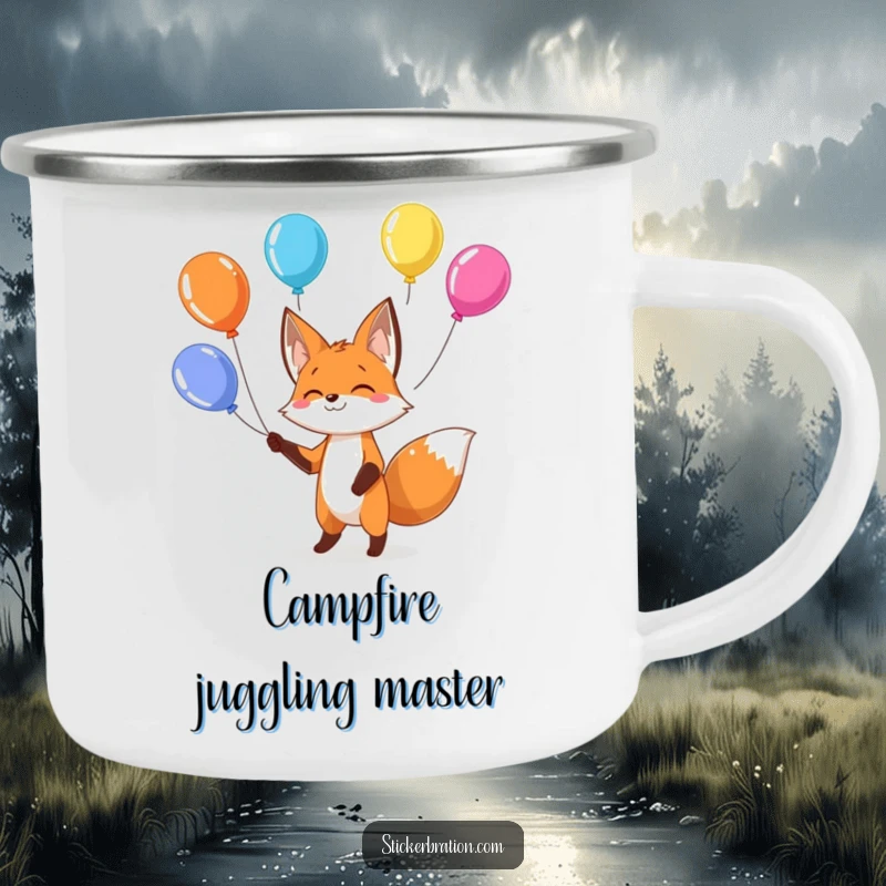Funny fox camping mug with a playful character juggling colorful balloons, durable and cheerful for outdoor use.