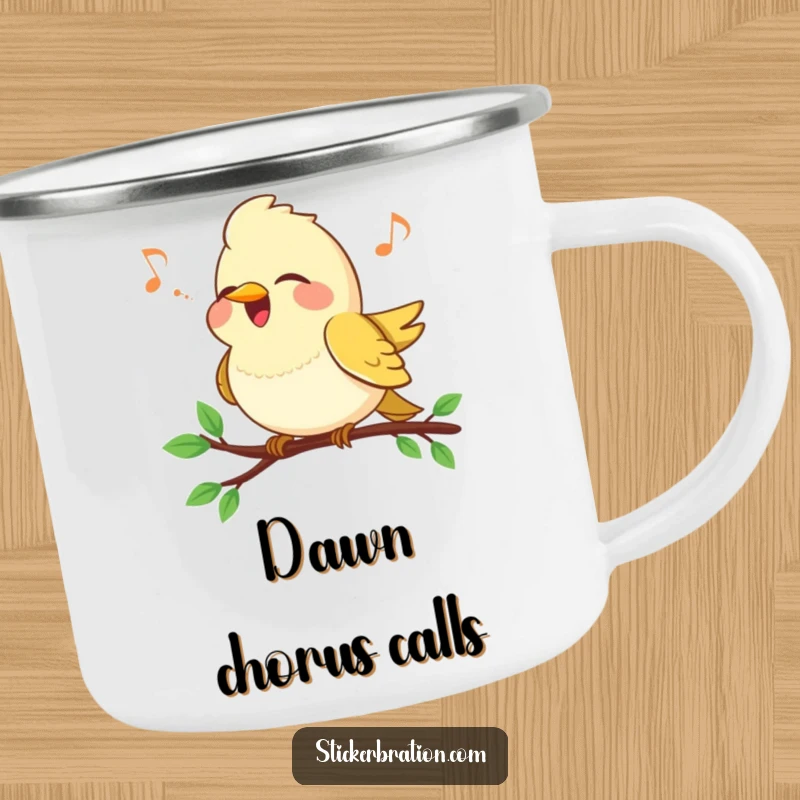 Funny Bird Song Camping Mug: A happy bird sings on a branch, perfect for enjoying morning coffee outdoors.