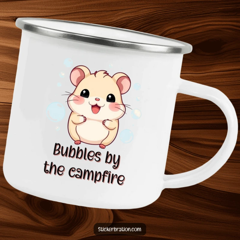 Funny hamster camping mug with a smiling character ready for adventure, surrounded by playful bubbles. Sturdy and cheerful.
