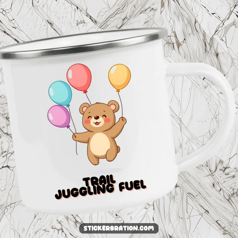 Funny camping mug with a happy bear juggling colorful balloons, perfect for adding humor and cheer to outdoor adventures.
