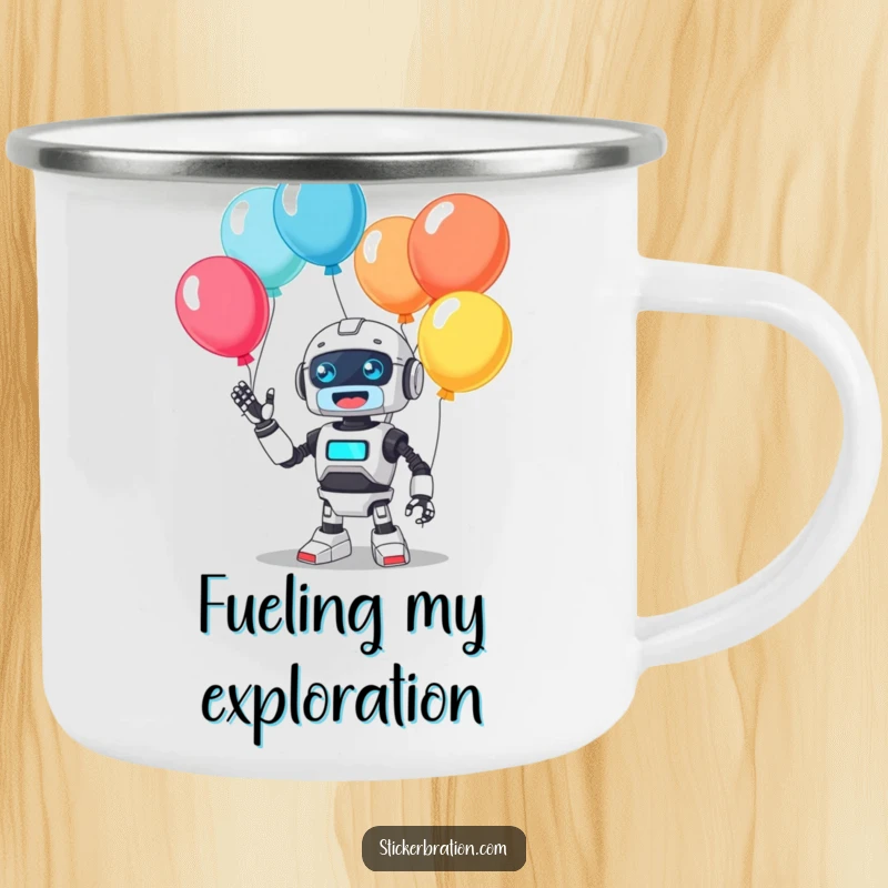 Funny camping mug showing a cute, determined robot character juggling colorful balloons with a happy beep, ready for outdoor enjoyment and laughter.