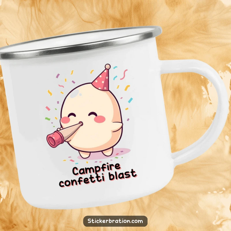 Funny camping mug with a cute blob character blowing confetti from a party horn, perfect for happy outdoor adventures and beverages.