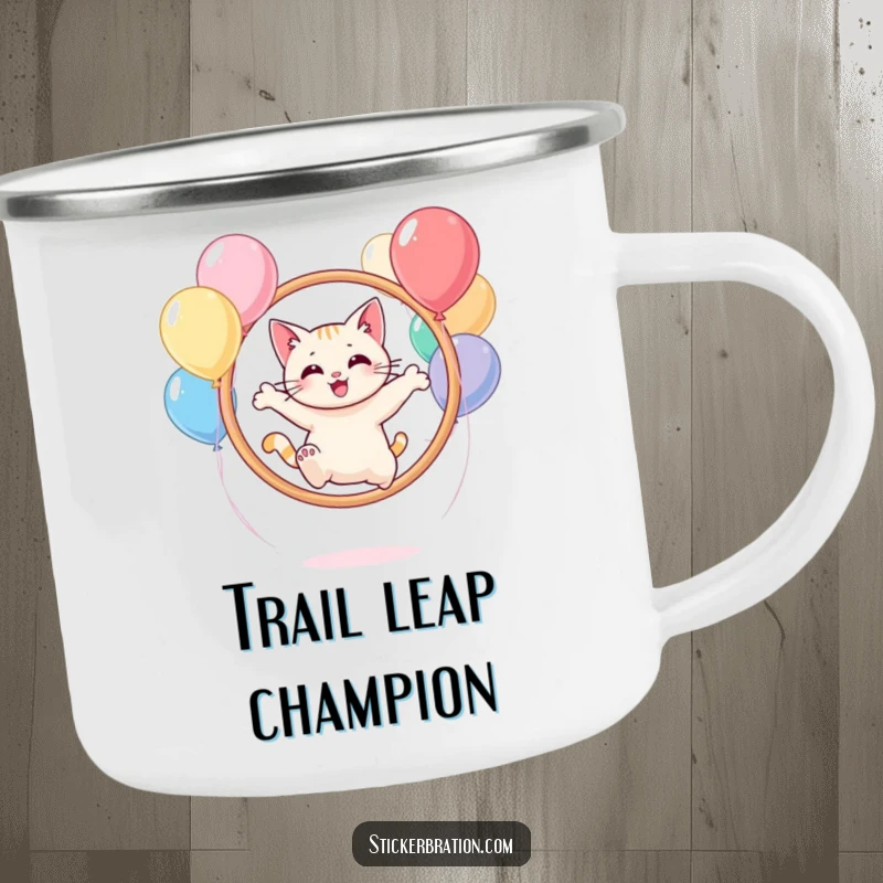 Funny cat character on a camping mug, leaping through a hoop of balloons, ready for outdoor fun.