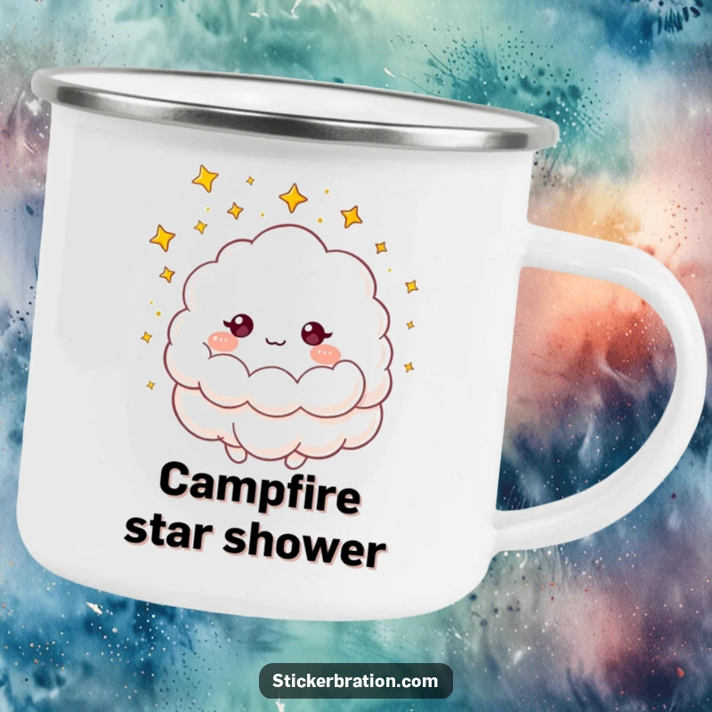 Funny camping mug with a fluffy cloud character showering golden stars, perfect for magical and humorous outdoor beverage enjoyment.
