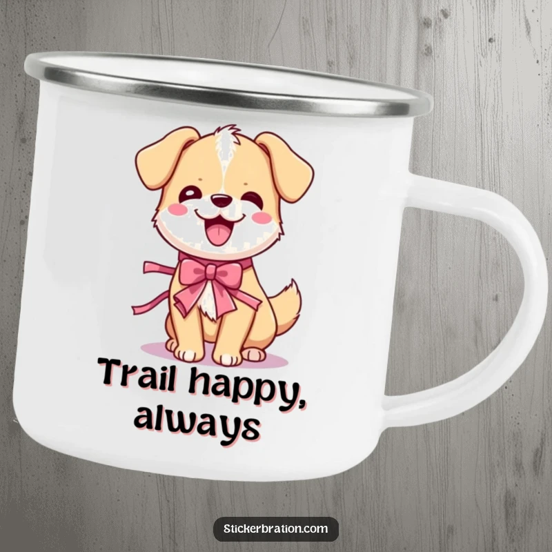 Funny dog wiggle camping mug featuring a cute cartoon dog doing a joyful wiggle with a party ribbon, perfect for outdoor drinks.